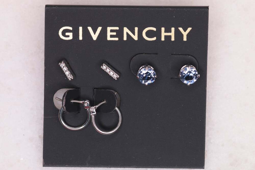 Brand New Tags Givenchy Silver Bue 3 Pair Earring Set Crystal Bar Stud Hoop Set